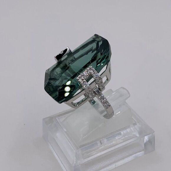Ring solid 925 sterling silver, natural green amethyst, clear gem accent… - Picture 5 of 14